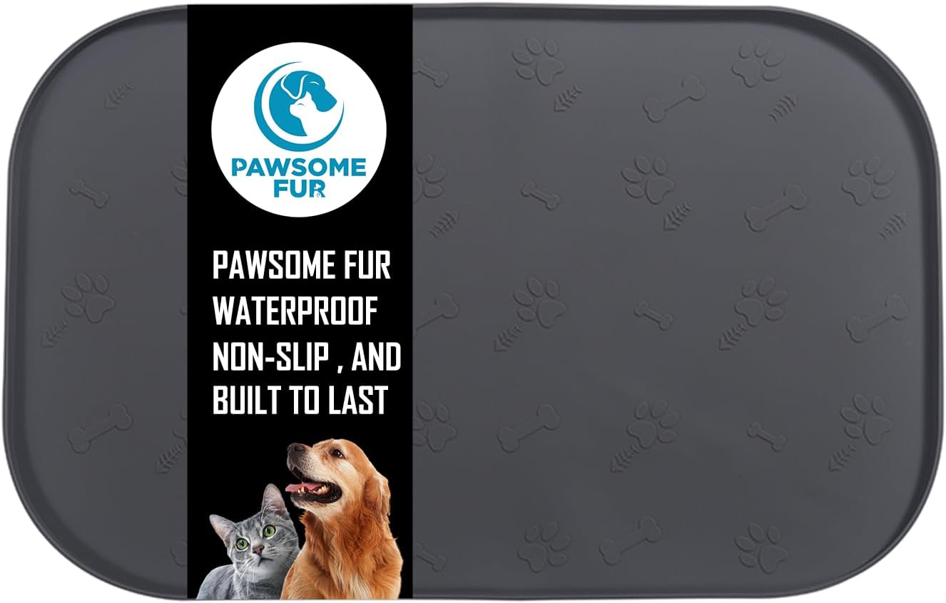 Pawsome Fur Pet Feeding Mat – 100% Food-Grade Silicone, Non-Slip, Waterproof, Dishwasher Safe Bowl Mat for Dogs & Cats – 18.5x11.5 Inches Placemat with Raised Edges (Cosmic Charcoal)